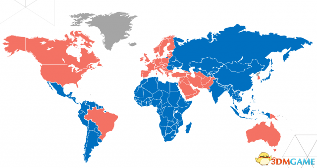 世界玩家倾向的区分，红色代表《反恐精英：全球攻势》，蓝色代表《DOTA2》