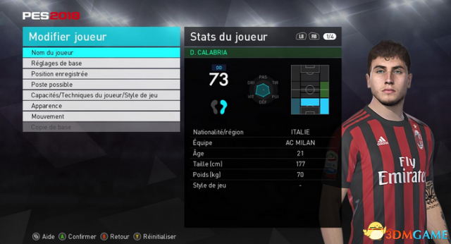 实况足球2018 AC米兰小将卡拉布里亚面部补丁 V2