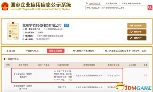 北京市工商局对今日头条行政处罚 罚款共计94万元