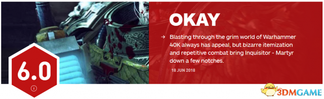 《战锤40K：审判官-殉道者》IGN 6.0分 只算及格