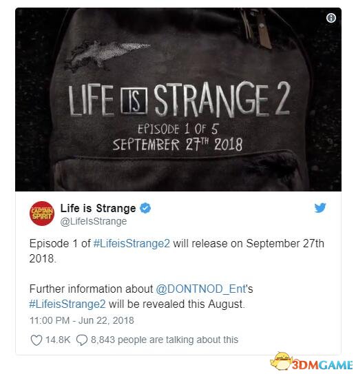 《奇异人生2》官方推特公布首章将于9月27日推出