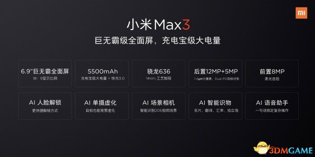 小米Max3发布 6.9寸巨屏+充电宝级电池1699元起