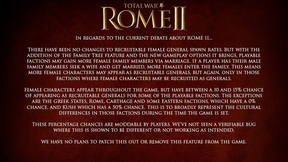 《罗马2：全面战争》官方回应女将门：不做任何改动
