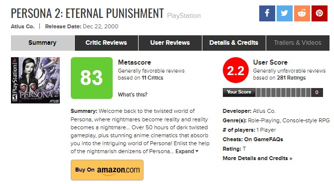 《女神异闻录》全系列突遭Metacritic用户恶评 原因不明