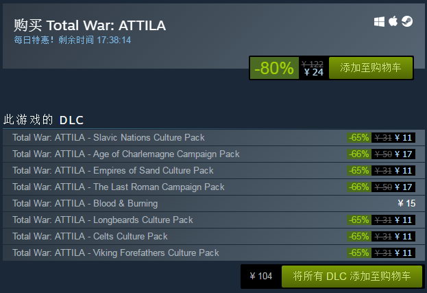 《阿提拉：全面战争》Steam促销 原价122元现价24元