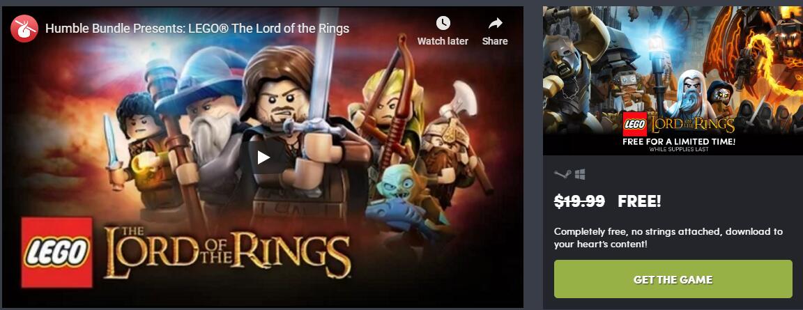 Humble福利喜加一又来了：《乐高指环王》免费领取