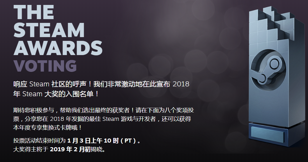 最佳游戏玩家选！Steam平台2018年度游戏投票正式开启