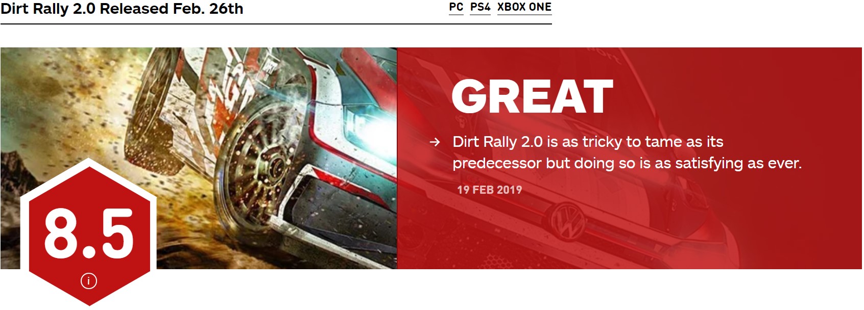 《尘埃拉力赛2.0》媒体评分解禁 获IGN 8.5分好评