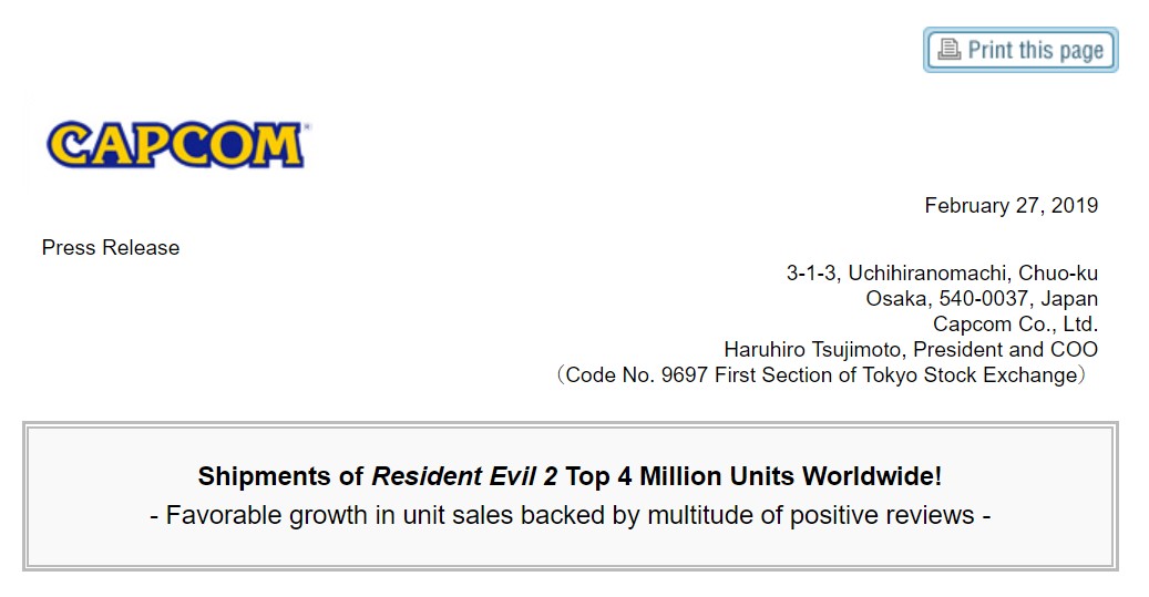 Capcom官宣：《生化危机2：重制版》出货量400万