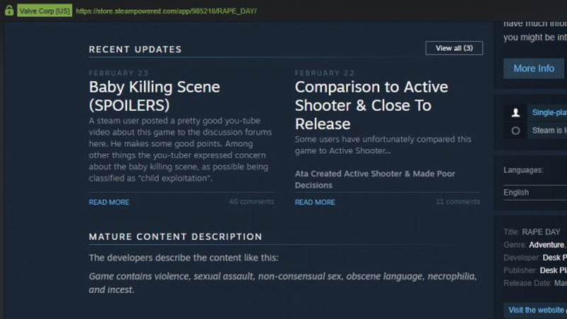 禁止性暴力行为 Valve在Steam上下架美化强奸的游戏