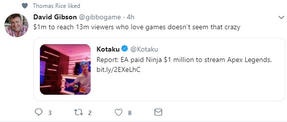 传EA砸钱100万美元 请Ninja宣传《Apex英雄》