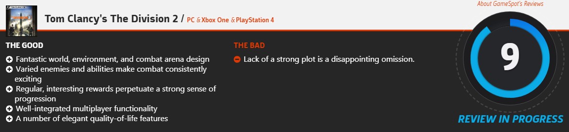 《全境封锁2》IGN终评8.5分 各大媒体评价还算理想