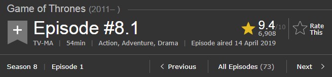 （剧透警告）《权游》终季首集IGN8分 IMDb9.4 烂番茄97%