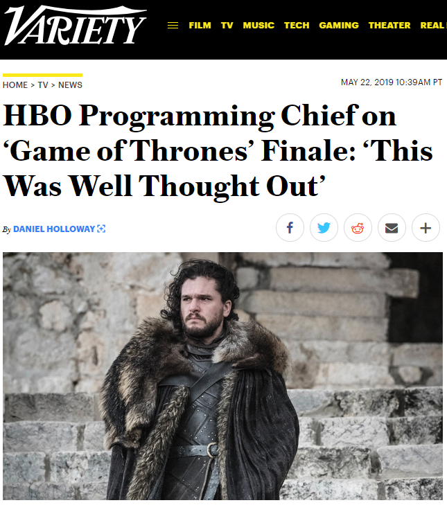 HBO主管称赞《权游》最终季 “深思熟虑”后的结局