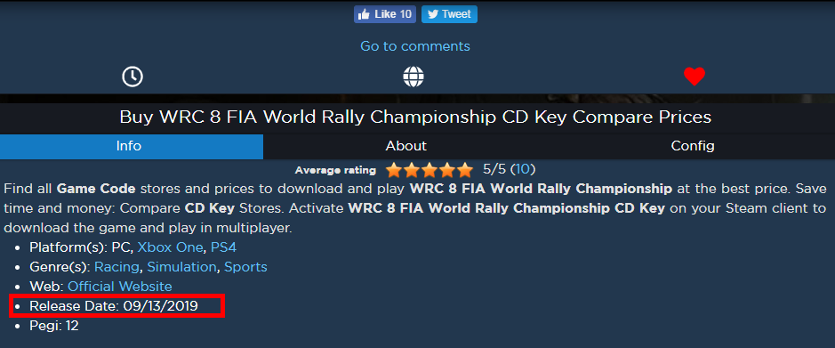 《世界汽车拉力锦标赛8》发行日期泄露 或9月13日上市