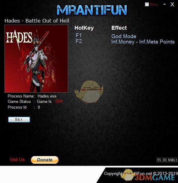 《哈迪斯：地狱之战》v0.14115三项修改器[MrAntiFun]