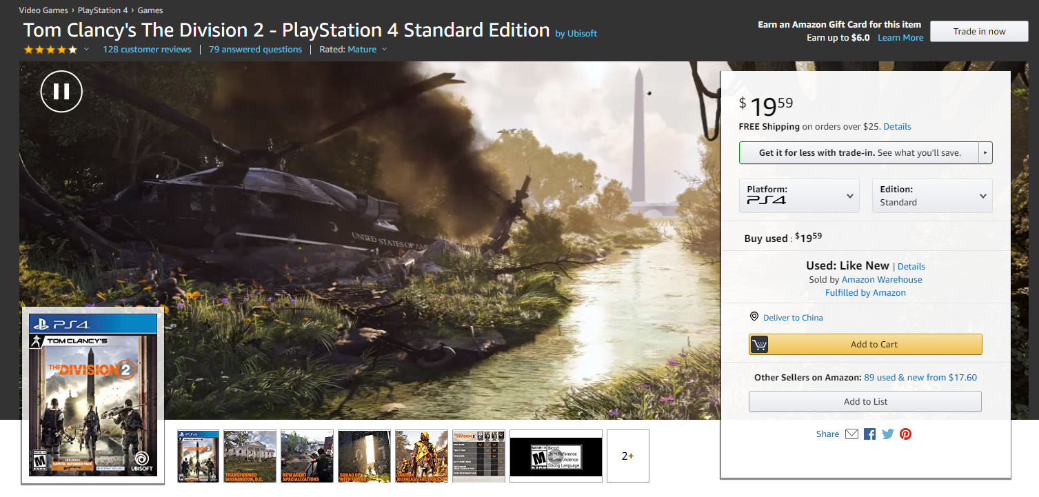 《全境封锁2》也在亚马逊大降价 实体标准版游戏仅需20美元