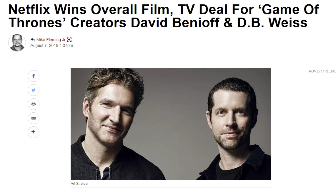 《权游》第8季编剧2DB从HBO离职 来到了Netflix