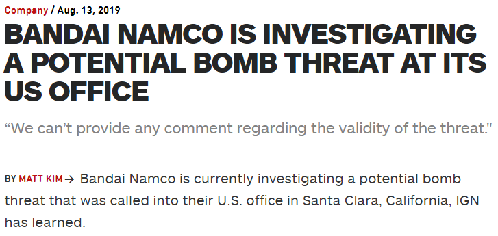 万代南梦宫美国分部遭遇炸弹威胁 目前正在内部调查中