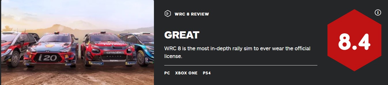 《世界汽车拉力锦标赛8》IGN 8.4分：最深入的拉力赛车游戏