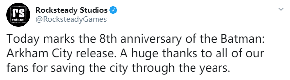 《蝙蝠侠：阿卡姆之城》发售8周年 感谢粉丝拯救这座城