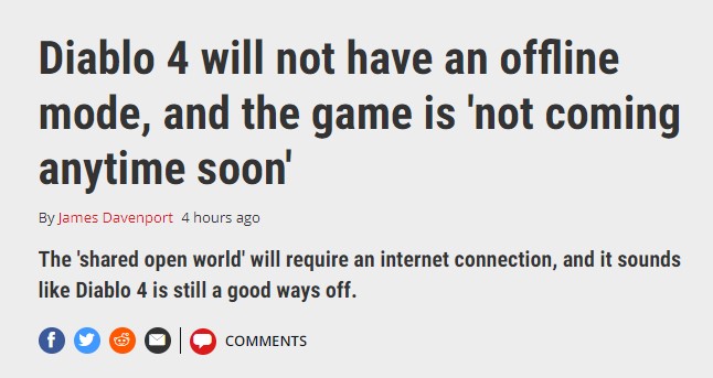 《暗黑破坏神4》没有离线模式 游戏不会很快推出