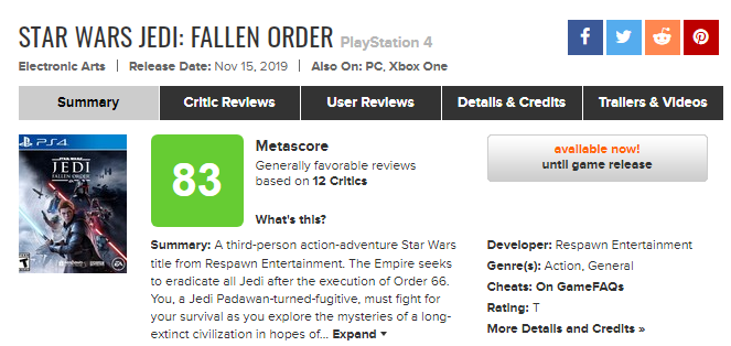 《星球大战绝地：陨落的武士团》评分解禁：IGN 9分 GS 8分 M站86