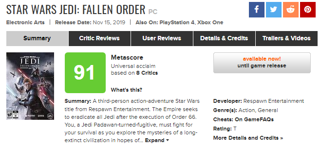 《星球大战绝地：陨落的武士团》评分解禁：IGN 9分 GS 8分 M站86