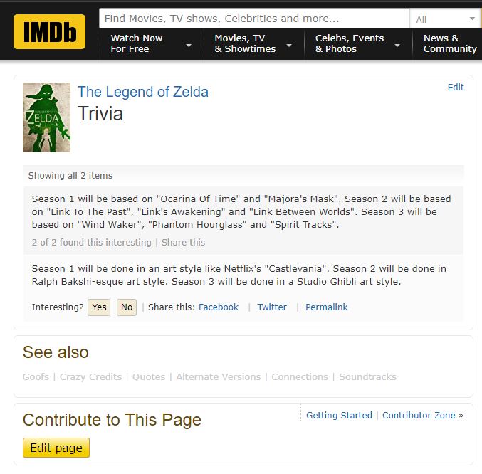 IMDb上出现《塞尔达传说》 或将推出系列动画