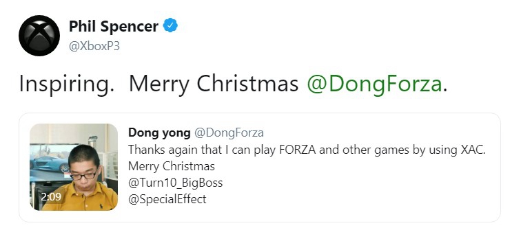 Xbox总监菲尔·斯宾塞 祝中国残疾人玩家东勇圣诞快乐