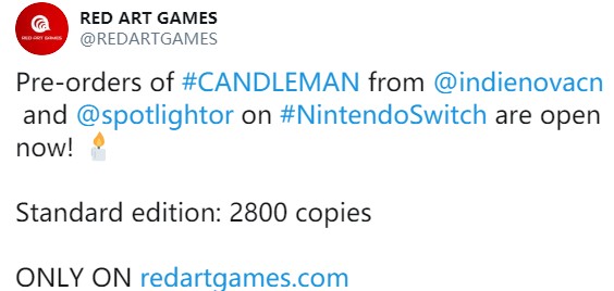 国产游戏《蜡烛人》推出Switch实体版 限量2800份