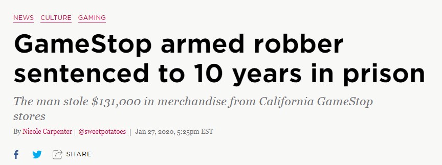 美国男子持枪抢劫GameStop实体店被判10年