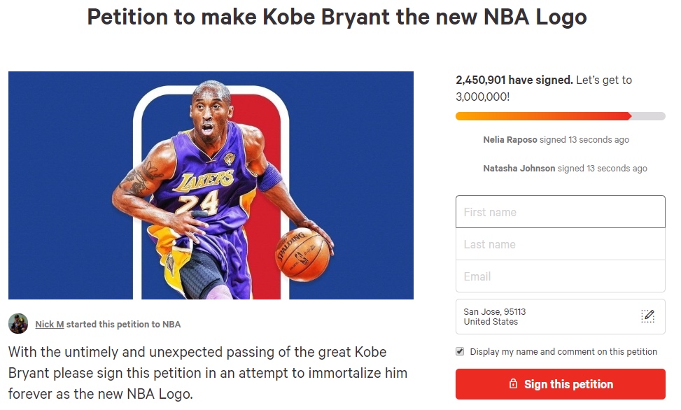 网友请愿将NBA标志换成科比 已有200多万份签名