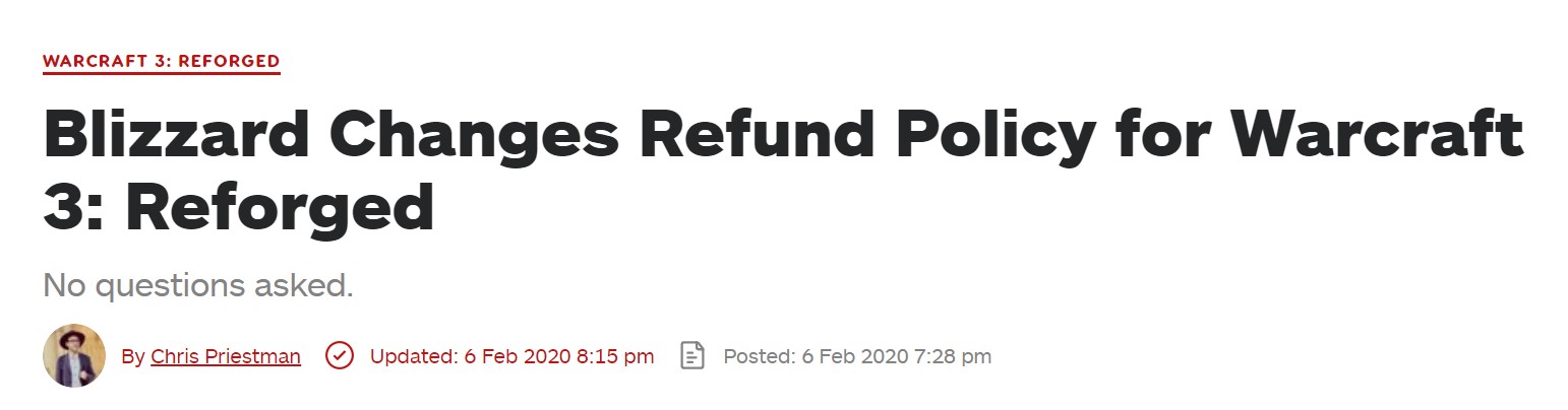 暴雪修改《魔兽3重制版》退款政策 不需要填表审核 无条件退款