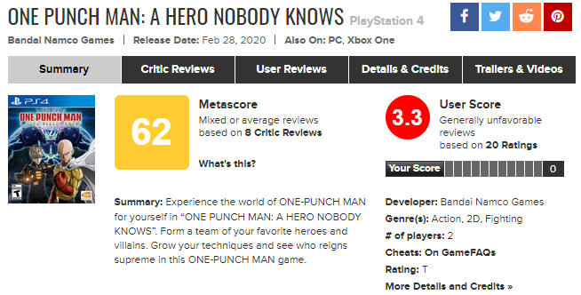 打击感太差 《一拳超人：无名英雄》Steam好评未过半