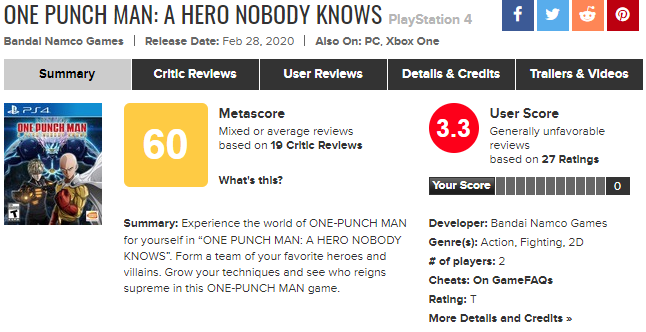 《一拳超人：无名英雄》IGN6分：比《Jump大乱斗》有进步