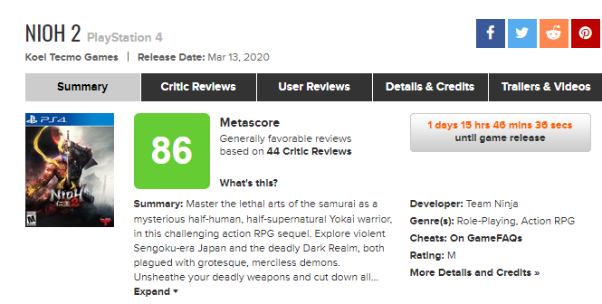 《仁王2》媒体评分解禁！IGN 9分 Game Informer 8.5分
