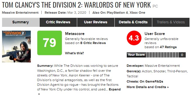 《全境封锁2》资料篇“纽约军阀”IGN8分 M站均分79