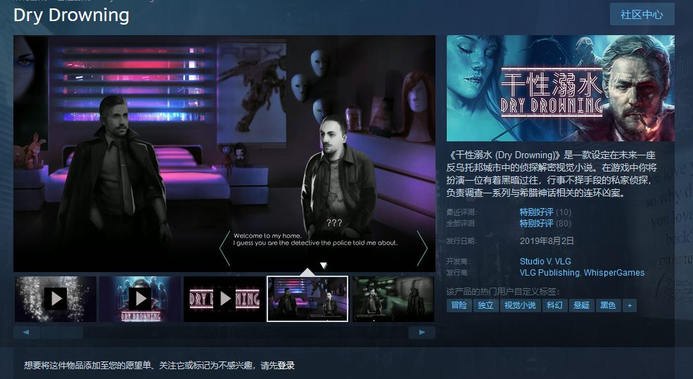 Steam侦探AVG《干性溺水》特惠：史低价45元