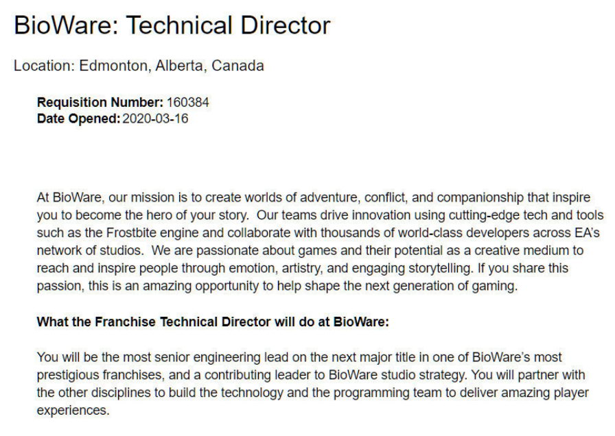 BioWare招聘技术总监 或将开发《质量效应》新作