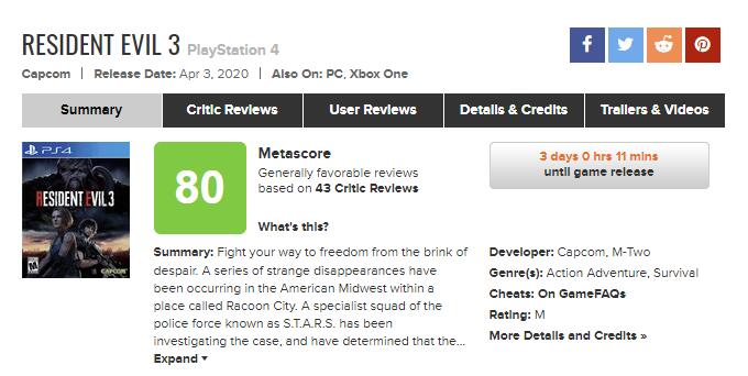 《生化危机3：重制版》评分解禁 IGN9分MC均分80