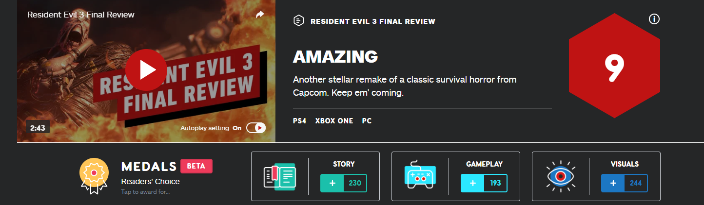 《生化危机3：重制版》IGN 9分！又一款经典的模范重制