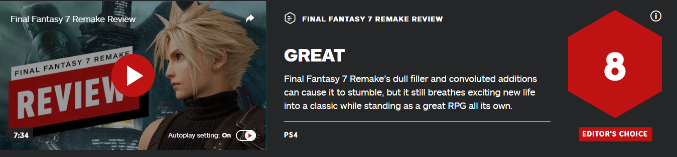 《最终幻想7：重制版》评分出炉 IGN 8分、GameSpot 10分