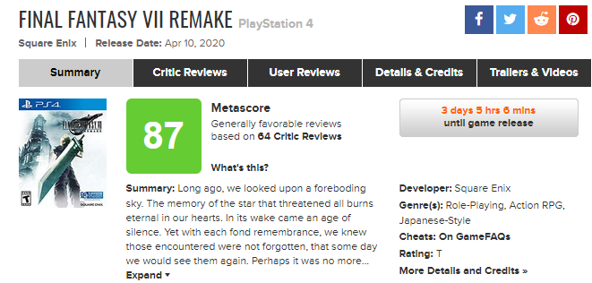 《最终幻想7：重制版》评分出炉 IGN 8分、GameSpot 10分