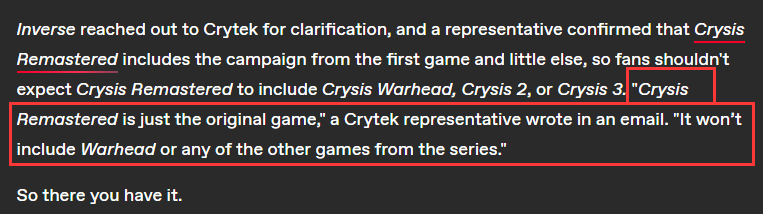 Crytek官方澄清：《孤岛危机重制版》仅包含原版游戏内容