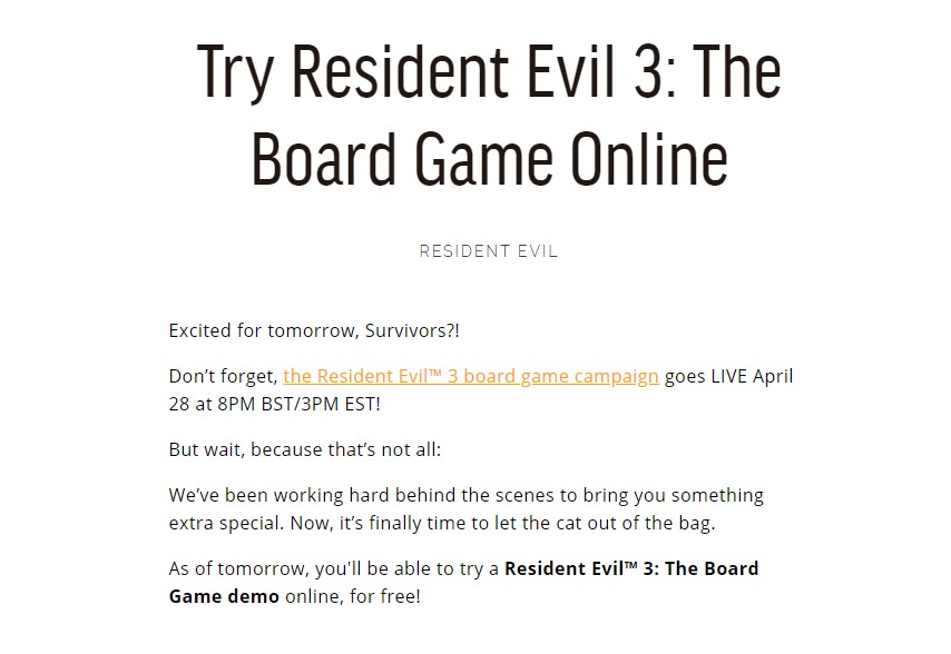 《生化危机3》桌游将首次直播 并推出在线试玩版