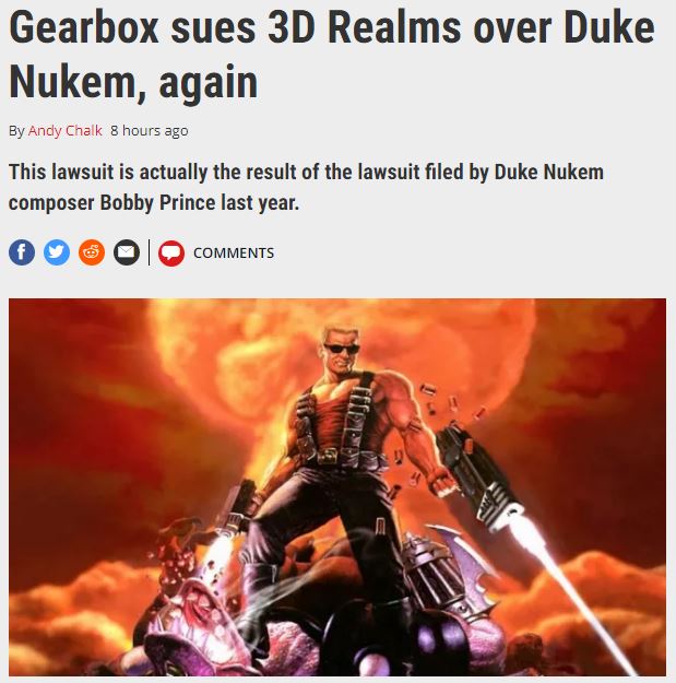 《毁灭公爵》版权争议不断 Gearbox再起诉3D Realms