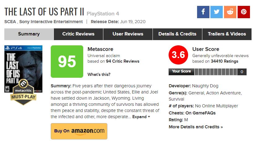外媒：《最后的生还者2》证明MC用户评分已无意义