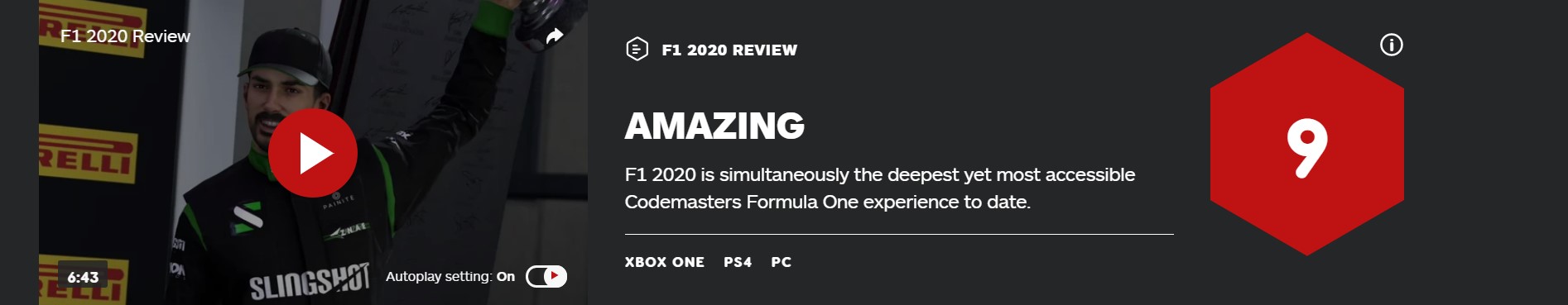 《F1 2020》IGN 9分：史上最棒“F1”游戏体验