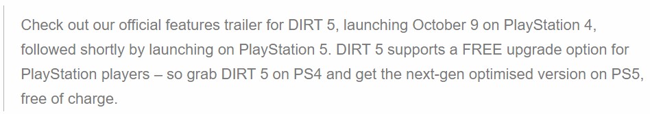 开发商：《尘埃5》将支持PS4版免费升级至PS5版